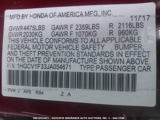 1HGCV1F33JA054671 - 2018 HONDA ACCORD SPORT RED photo 9