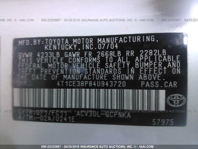 4T1CE38P84U943720 - 2004 TOYOTA CAMRY SOLARA SE/SLE WHITE photo 9