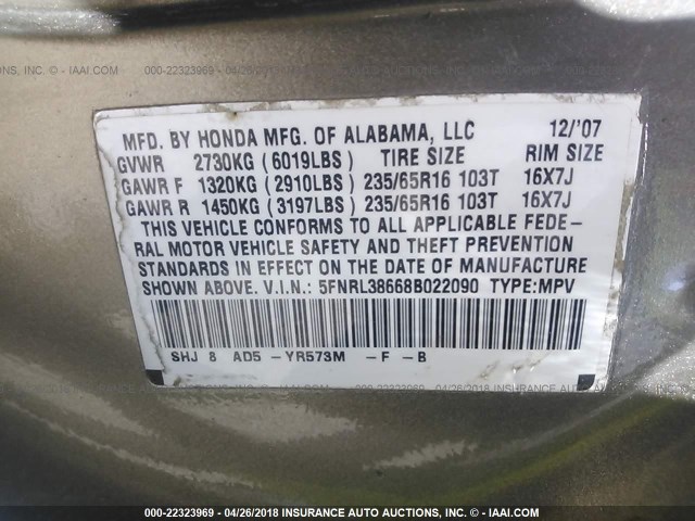 5FNRL38668B022090 - 2008 HONDA ODYSSEY EXL ოქროსფერი ფოტო 9
