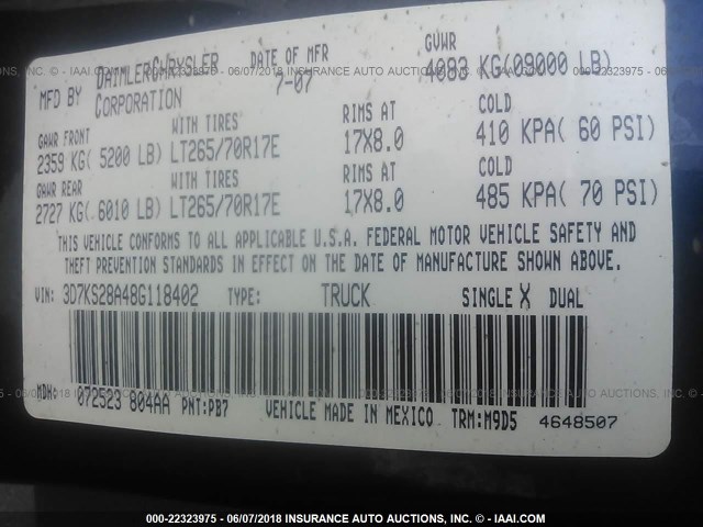 3D7KS28A48G118402 - 2008 DODGE RAM 2500 ST/SLT 蓝色 照片 9