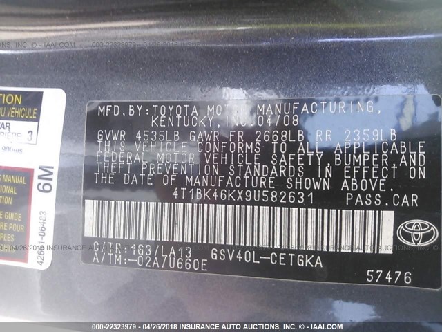 4T1BK46KX9U582631 - 2009 TOYOTA CAMRY SE/LE/XLE GRAY photo 9