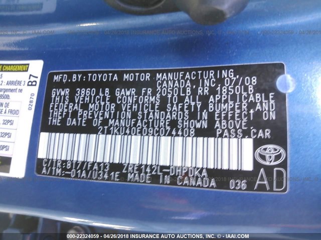 2T1KU40E09C074408 - 2009 TOYOTA COROLLA MATRIX  BLUE photo 9