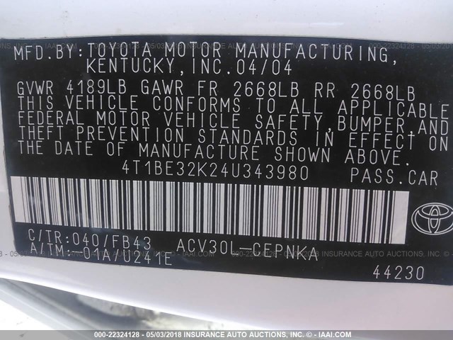 4T1BE32K24U343980 - 2004 TOYOTA CAMRY LE/XLE/SE თეთრი ფოტო 9