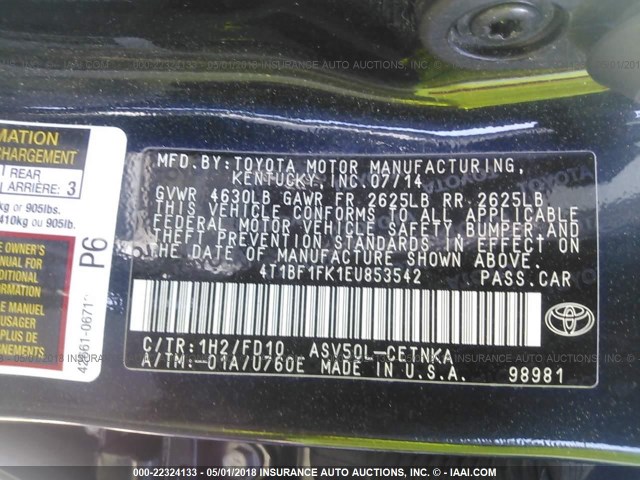 4T1BF1FK1EU853542 - 2014 TOYOTA CAMRY L/SE/LE/XLE 黑色 照片 9