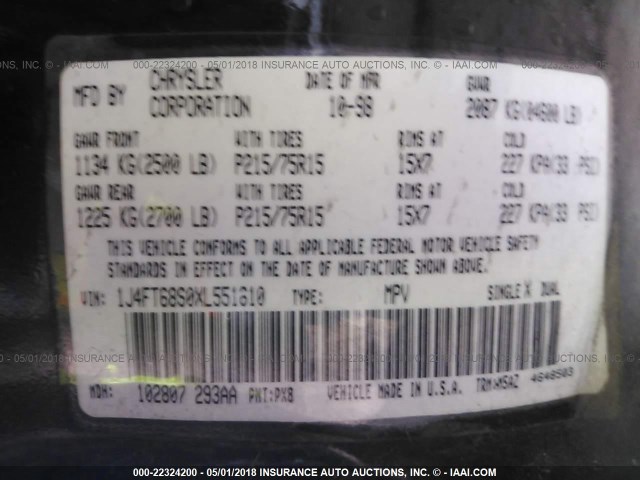 1J4FT68S0XL551610 - 1999 JEEP CHEROKEE SPORT/CLASSIC შავი ფოტო 9