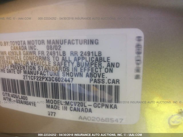 2T1CF22PX3C602447 - 2003 TOYOTA CAMRY SOLARA SE/SLE ოქროსფერი ფოტო 9