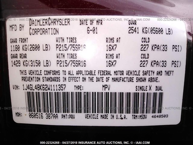 1J4GL48K62W111357 - 2002 JEEP LIBERTY SPORT 红色 照片 9