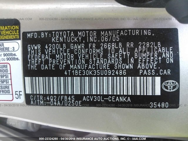 4T1BE30K35U092486 - 2005 TOYOTA CAMRY LE/XLE/SE ოქროსფერი ფოტო 9