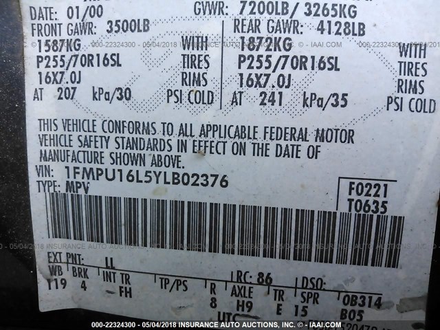 1FMPU16L5YLB02376 - 2000 FORD EXPEDITION XLT 蓝色 照片 9