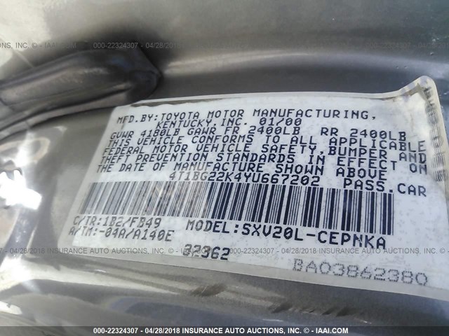 4T1BG22K4YU667202 - 2000 TOYOTA CAMRY CE/LE/XLE TAN photo 9