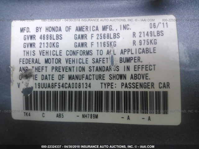 19UUA8F54CA008134 - 2012 ACURA TL BLUE photo 9