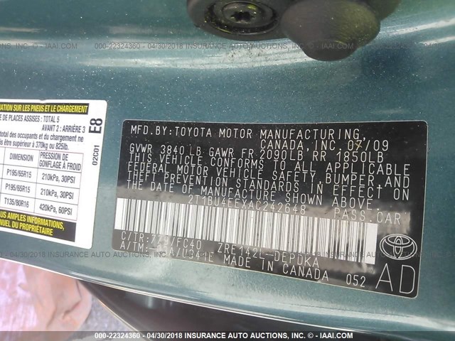 2T1BU4EEXAC242648 - 2010 TOYOTA COROLLA S/LE/XLE 绿色 照片 9