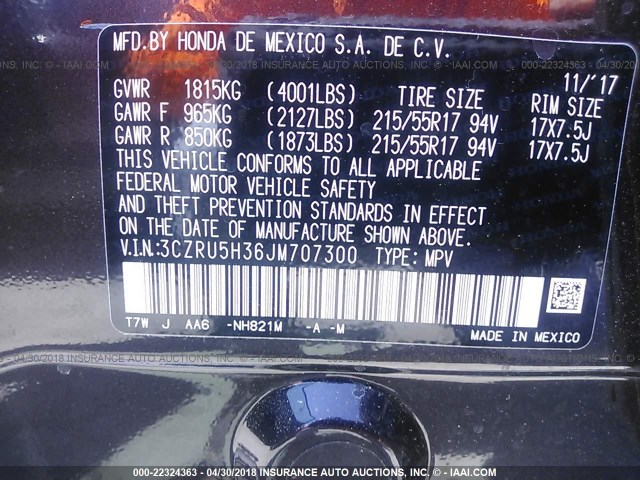 3CZRU5H36JM707300 - 2018 HONDA HR-V LX GRAY photo 9