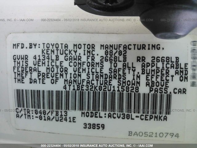 4T1BE32K02U115828 - 2002 TOYOTA CAMRY LE/XLE/SE თეთრი ფოტო 9