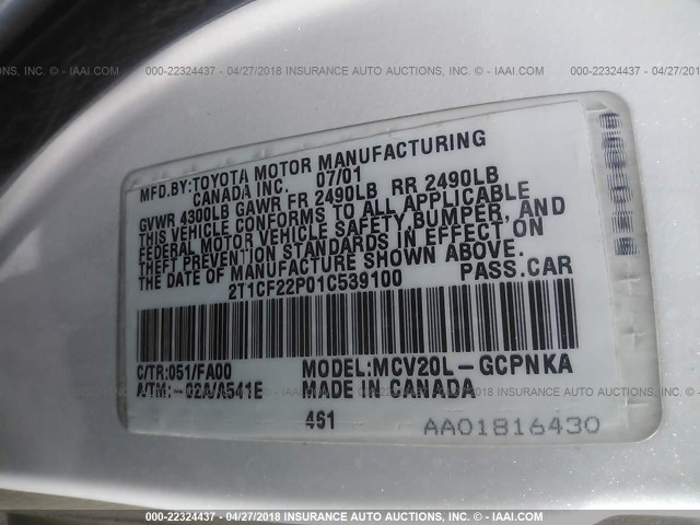 2T1CF22P01C539100 - 2001 TOYOTA CAMRY SOLARA SE/SLE თეთრი ფოტო 9