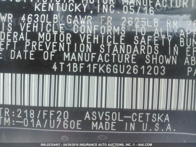 4T1BF1FK6GU261203 - 2016 TOYOTA CAMRY LE/XLE/SE/XSE შავი ფოტო 9