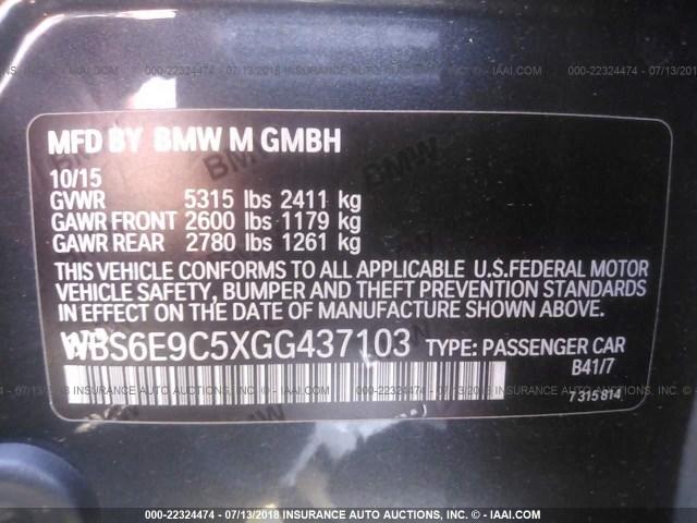 WBS6E9C5XGG437103 - 2016 BMW M6 GRAN COUPE BLACK photo 9