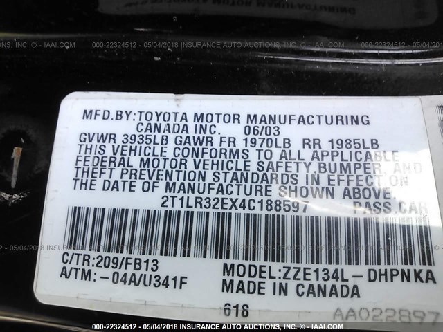 2T1LR32EX4C188597 - 2004 TOYOTA COROLLA MATRIX XR BLACK photo 9