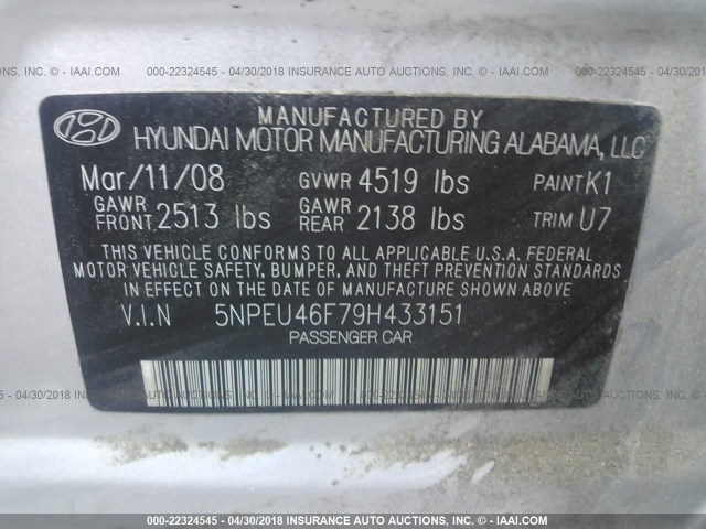 5NPEU46F79H433151 - 2009 HYUNDAI SONATA SE/LIMITED SILVER photo 9