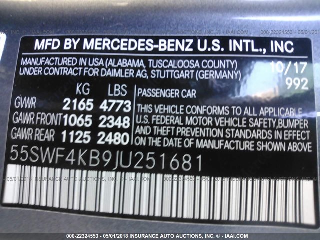 55SWF4KB9JU251681 - 2018 MERCEDES-BENZ C 300 4MATIC GRAY photo 9