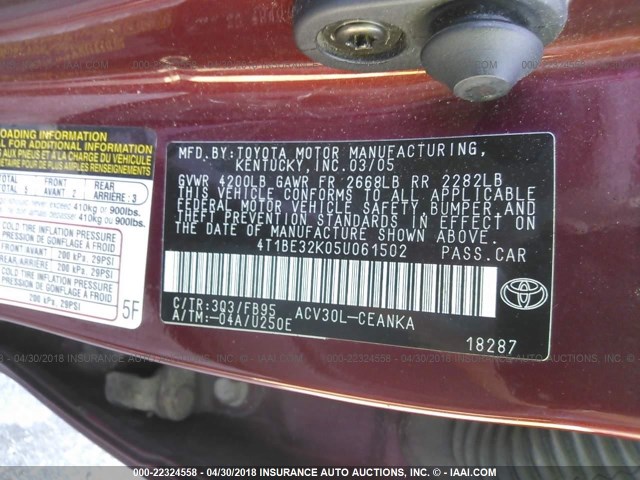 4T1BE32K05U061502 - 2005 TOYOTA CAMRY LE/XLE/SE წითელი ფოტო 9