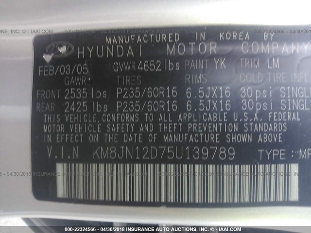 KM8JN12D75U139789 - 2005 HYUNDAI TUCSON GLS/LX GRAY photo 9