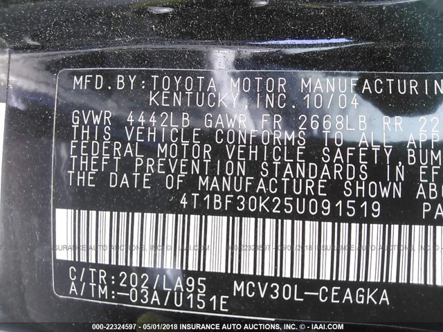 4T1BF30K25U091519 - 2005 TOYOTA CAMRY LE/XLE/SE BLACK photo 9