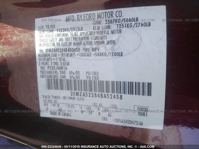 2FMZA52284BA52458 - 2004 FORD FREESTAR SEL MAROON photo 9