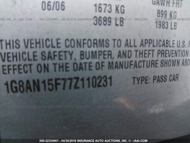 1G8AN15F77Z110231 - 2007 SATURN ION LEVEL 2 Gümüş foto 9