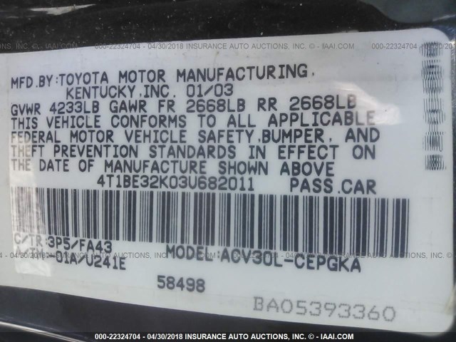 4T1BE32K03U682011 - 2003 TOYOTA CAMRY LE/XLE/SE იასამნისფერი ფოტო 9