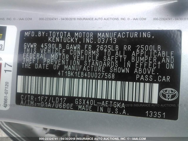 4T1BK1EB4DU027568 - 2013 TOYOTA AVALON PREMIUM/TOURING/LIMITED SILVER photo 9