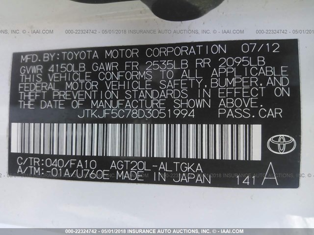 JTKJF5C78D3051994 - 2013 TOYOTA SCION TC 白色 照片 9