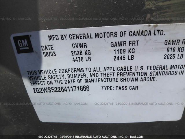 2G2WS522641171866 - 2004 PONTIAC GRAND PRIX GT2 თაფლისფერი ფოტო 9