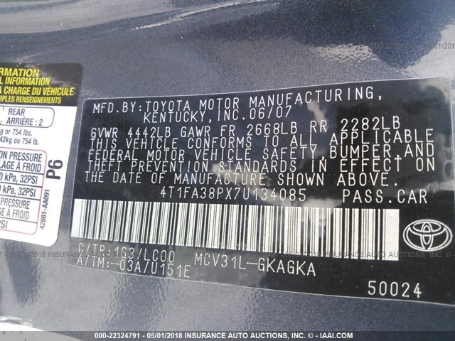 4T1FA38PX7U134085 - 2007 TOYOTA CAMRY SOLARA SE/SLE GRAY photo 9