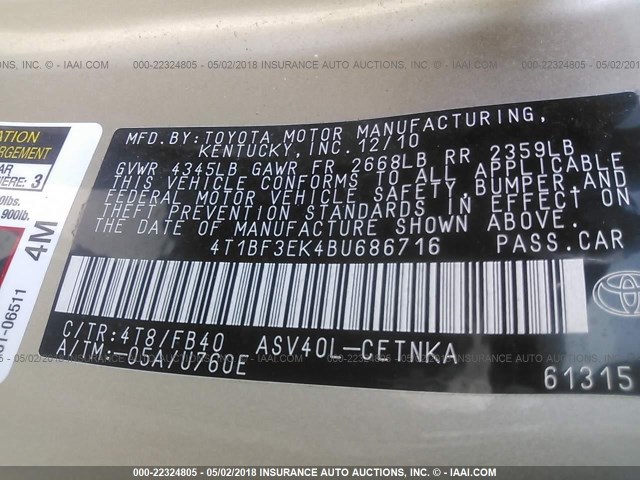 4T1BF3EK4BU686716 - 2011 TOYOTA CAMRY SE/LE/XLE 金色 照片 9