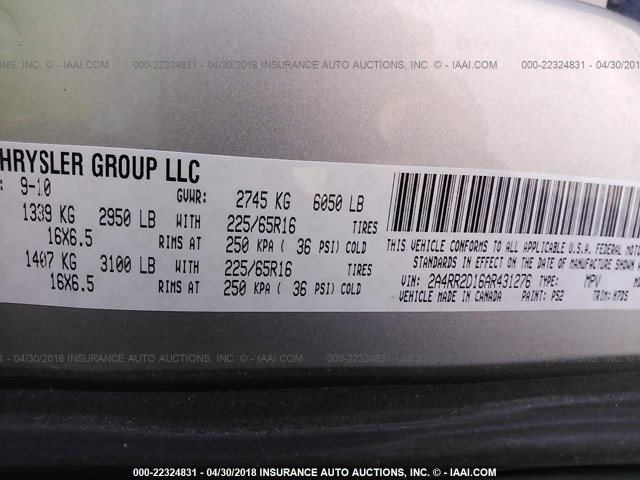 2A4RR2D16AR431276 - 2010 CHRYSLER TOWN & COUNTRY LX GRAY photo 9