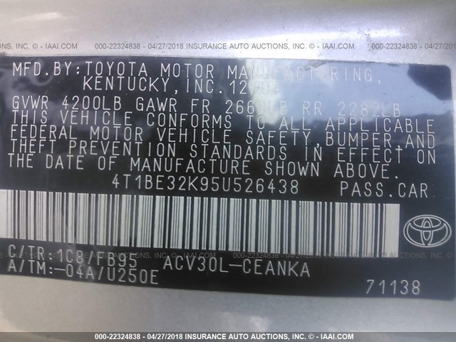 4T1BE32K95U526438 - 2005 TOYOTA CAMRY LE/XLE/SE SILVER photo 9