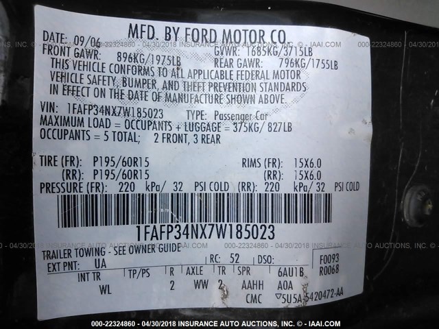 1FAFP34NX7W185023 - 2007 FORD FOCUS ZX4/S/SE/SES 黑色 照片 9