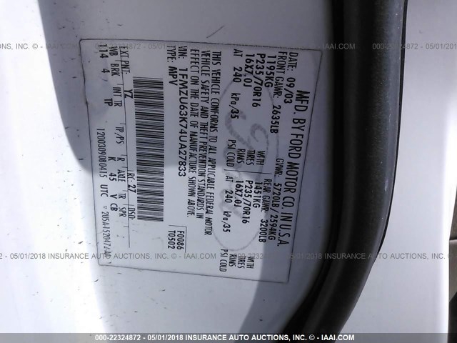 1FMZU63K74UA27833 - 2004 FORD EXPLORER XLT/XLT SPORT/NBX 白色 照片 9