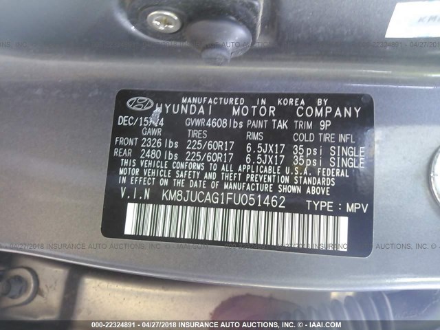 KM8JUCAG1FU051462 - 2015 HYUNDAI TUCSON LIMITED/SE GRAY photo 9