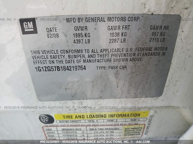 1G1ZG57B184219764 - 2008 CHEVROLET MALIBU LS Ақ фото 9