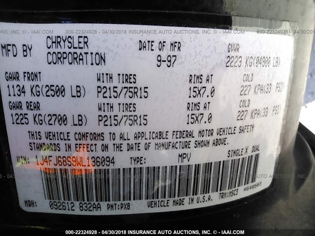 1J4FJ68S9WL136094 - 1998 JEEP CHEROKEE SPORT/CLASSIC შავი ფოტო 9