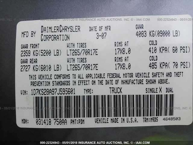 1D7KS28A97J595601 - 2007 DODGE RAM 2500 ST/SLT 灰色 照片 9