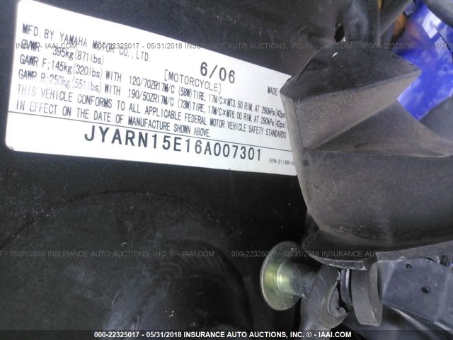 JYARN15E16A007301 - 2006 YAMAHA YZFR1 BLUE photo 10