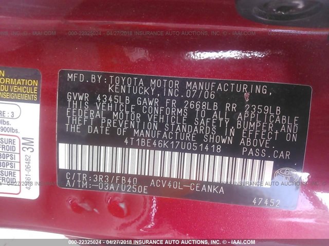 4T1BE46K17U051418 - 2007 TOYOTA CAMRY NEW GENERAT CE/LE/XLE/SE RED photo 9