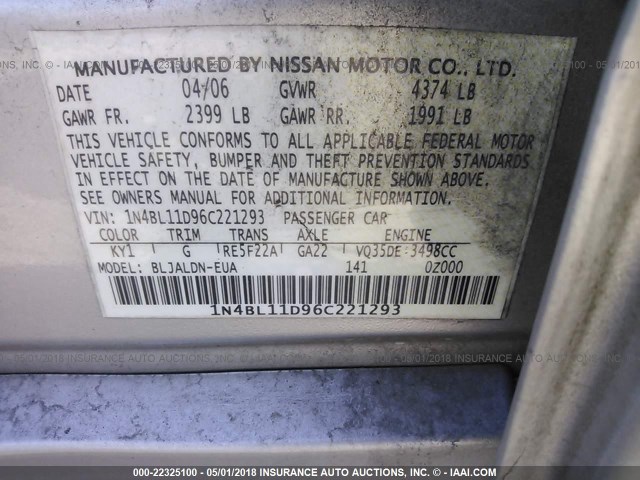 1N4BL11D96C221293 - 2006 NISSAN ALTIMA SE/SL/SE-R SILVER photo 9