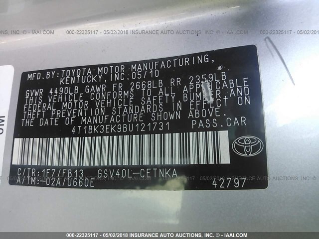 4T1BK3EK9BU121731 - 2011 TOYOTA CAMRY SE/LE/XLE SILVER photo 9