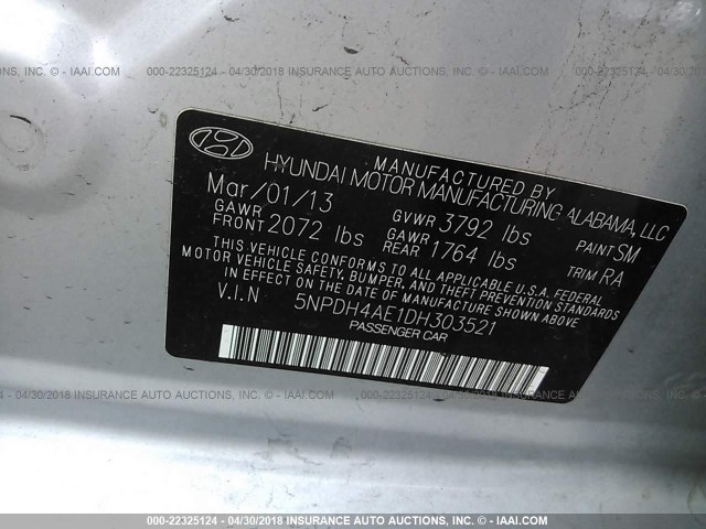 5NPDH4AE1DH303521 - 2013 HYUNDAI ELANTRA GLS/LIMITED GRAY photo 9