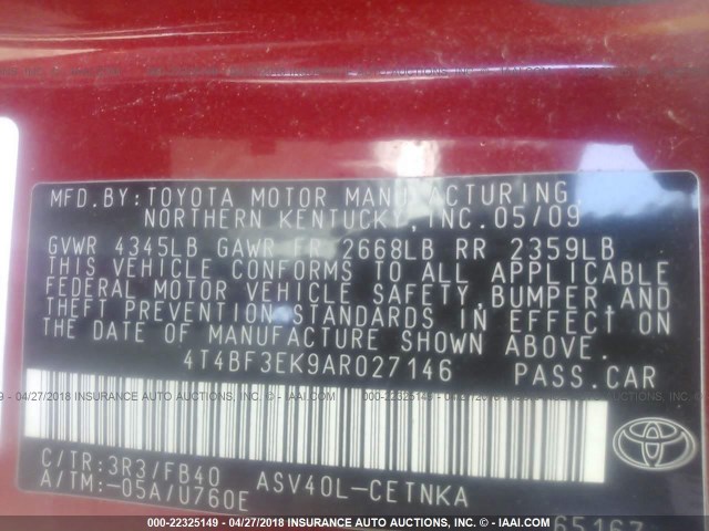 4T4BF3EK9AR027146 - 2010 TOYOTA CAMRY SE/LE/XLE RED photo 9