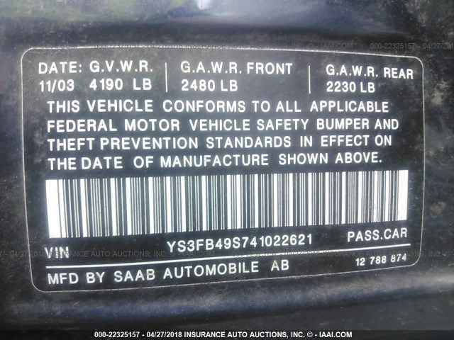 YS3FB49S741022621 - 2004 SAAB 9-3 LINEAR Dark Blue photo 9